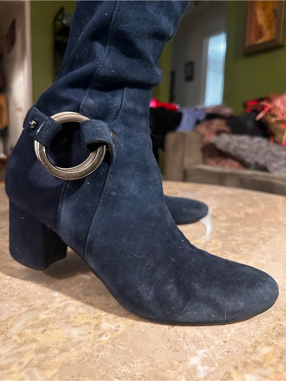 Karl Lagerfeld - Navy Suede Over-the-Knee Block Heel Boots - Picture 2 of 10